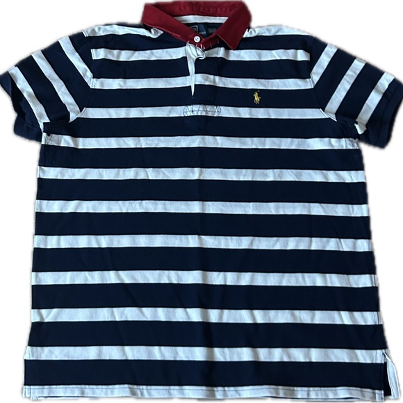 Navy and White Striped Polo with Red Collar - Picture 1 of 4